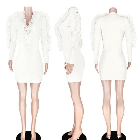 🤍 Deep V-Neck Cleavage Flounce Ruffle Bodycon Party Mini White Dress SIZE M NEW - Picture 3 of 15